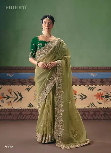 Olive Green Colour Gshringar By Kimora Fancy Fabric With Designer Work Saree Ks-5624